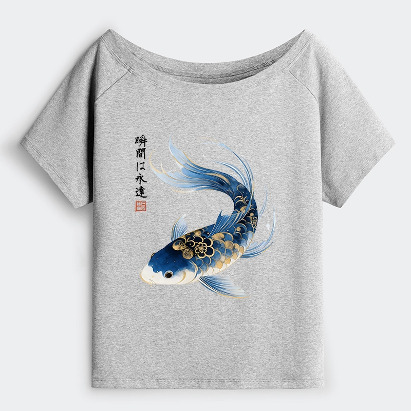 Tokyo-Tiger Elegant Koi Fish Watercolor Art Off Shoulder T-Shirt