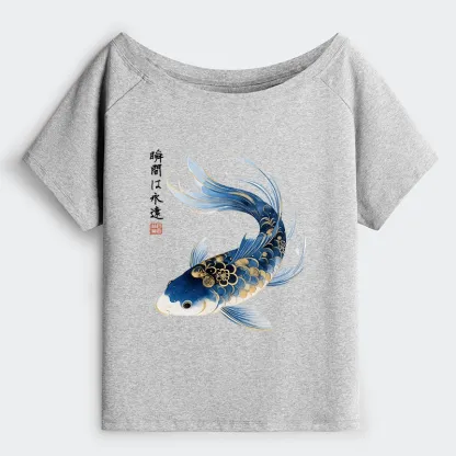 Tokyo-Tiger Elegant Koi Fish Watercolor Art Off Shoulder T-Shirt