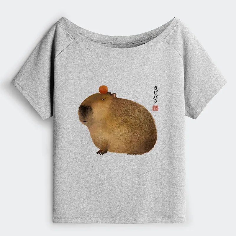 Tokyo-Tiger Calm Capybara Illustration Off Shoulder T-Shirt