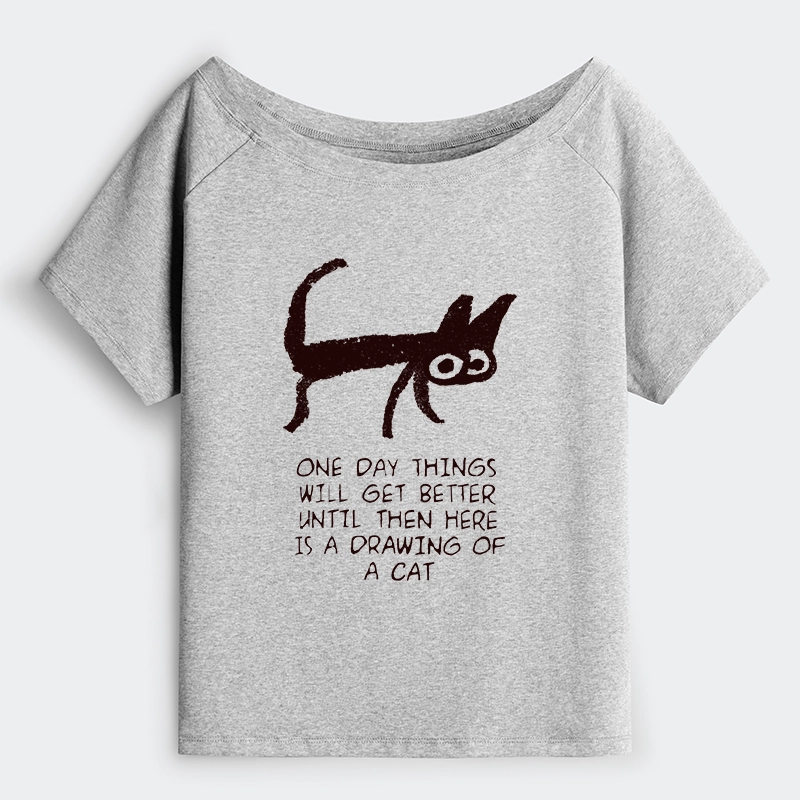 Tokyo-Tiger Cat Cheer Up Drawing Off Shoulder T-Shirt