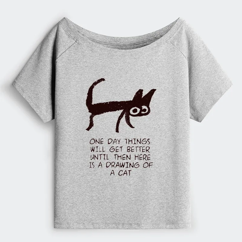 Tokyo-Tiger Cat Cheer Up Drawing Off Shoulder T-Shirt