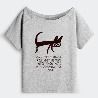 Tokyo-Tiger Cat Cheer Up Drawing Off Shoulder T-Shirt