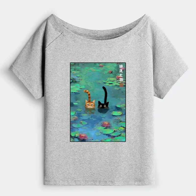 Tokyo-Tiger Funny Cats Swimming In Lilies Off Shoulder T-Shirt