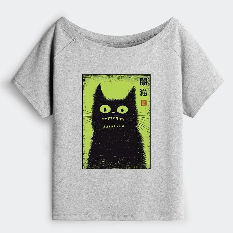 Tokyo-Tiger Spooky Black Cat Japanese Off Shoulder T-Shirt
