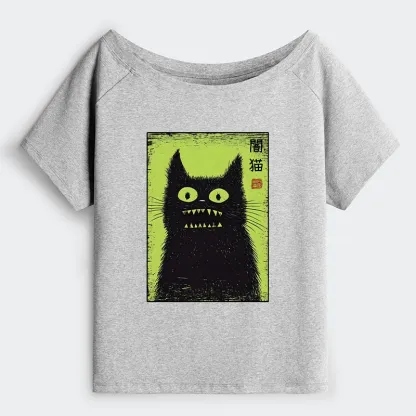Tokyo-Tiger Spooky Black Cat Japanese Off Shoulder T-Shirt