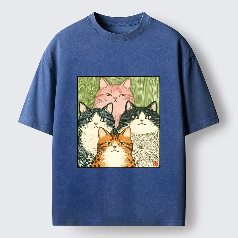 Tokyo-Tiger Funny Cat Squad Washed T-Shirt