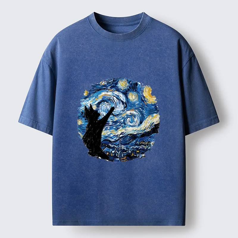 Tokyo-Tiger Starry Night Black Cat Washed T-Shirt