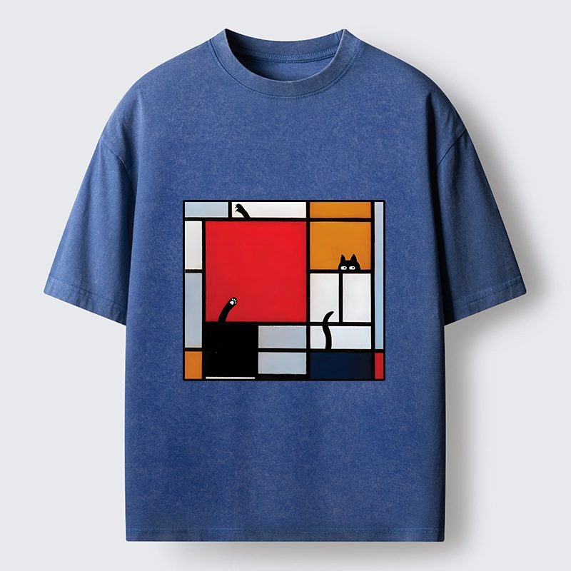 Tokyo-Tiger Geometric Cat Hide And Seek Washed T-Shirt