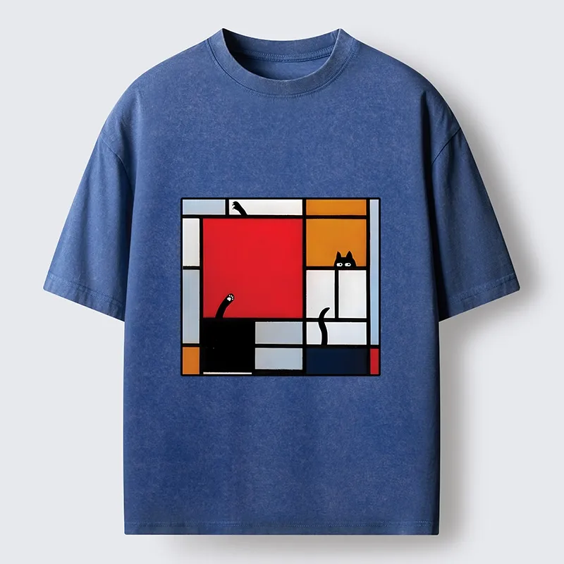 Tokyo-Tiger Geometric Cat Hide And Seek Washed T-Shirt