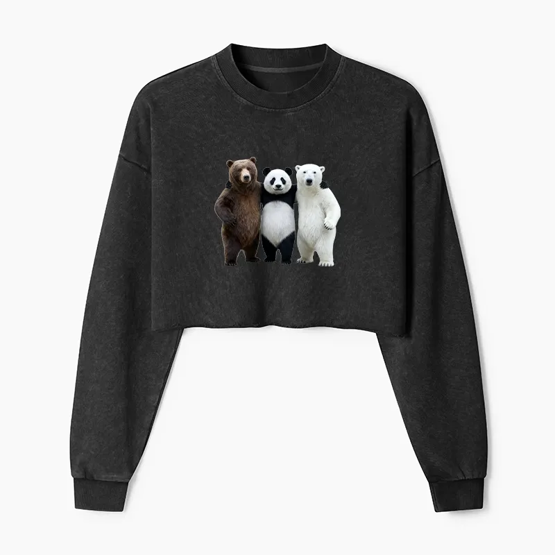 Tokyo-Tiger Three Bears Stand Together Washed Crop Sweatshirt