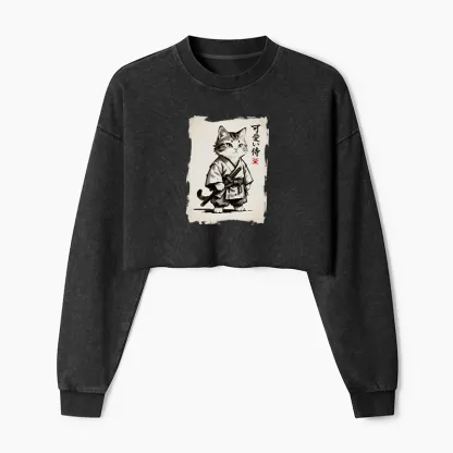 Tokyo-Tiger Japanese Samurai Cat Illustration Washed Crop Sweatshirt