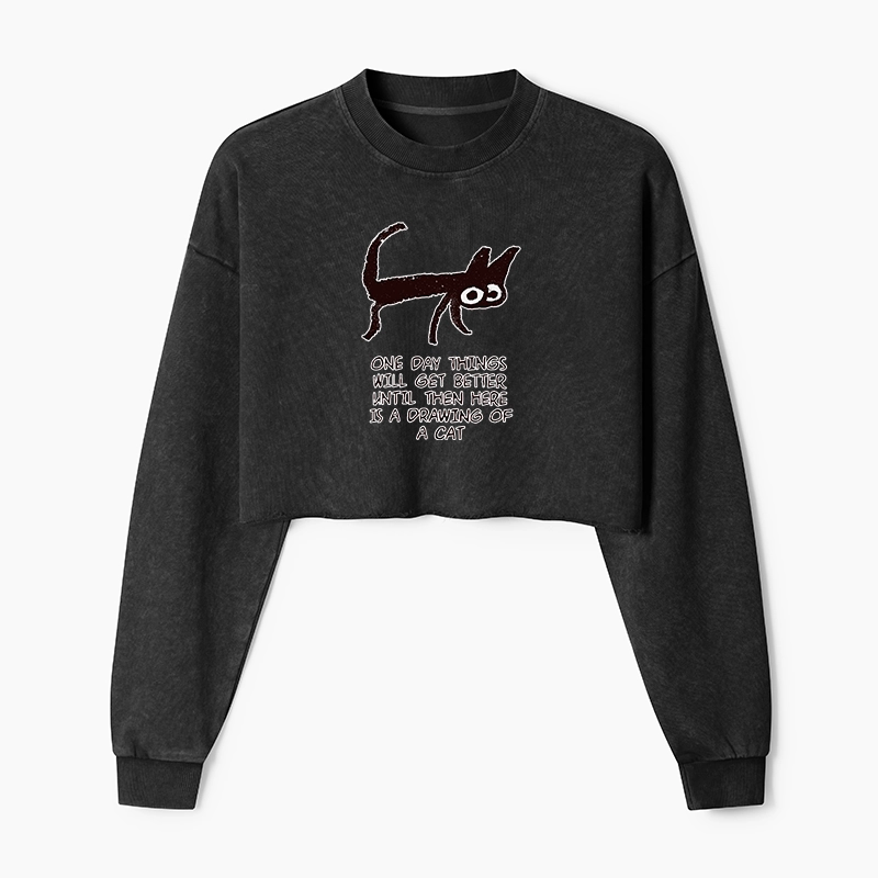 Tokyo-Tiger Cat Cheer Up Drawing Washed Crop Sweatshirt