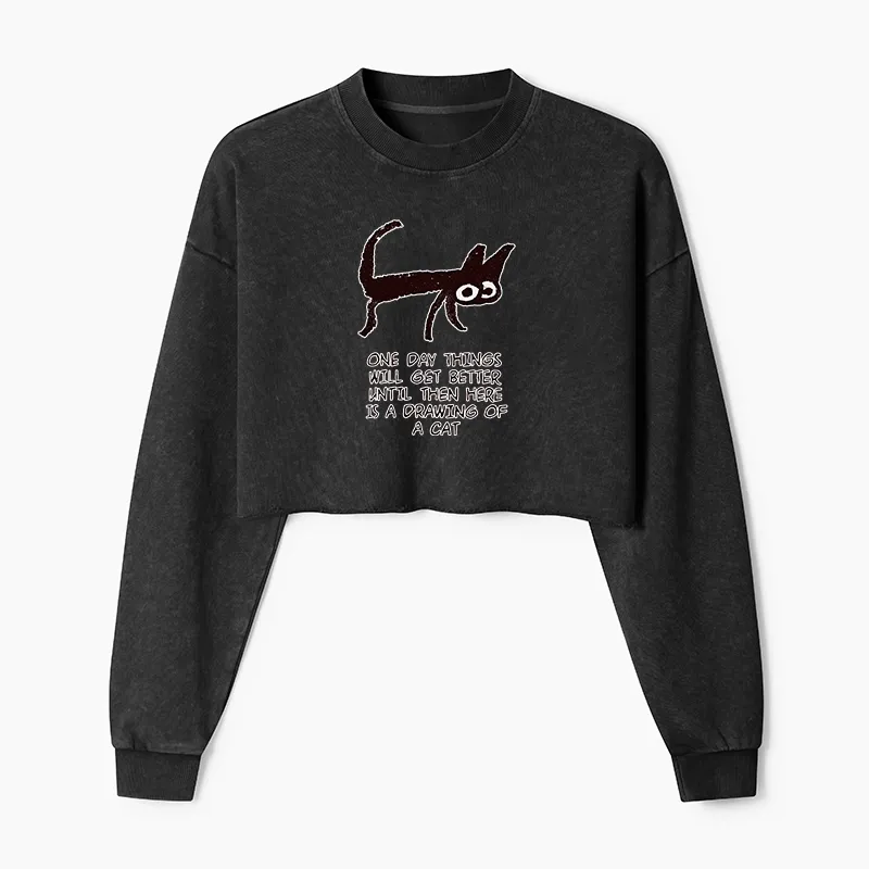 Tokyo-Tiger Cat Cheer Up Drawing Washed Crop Sweatshirt