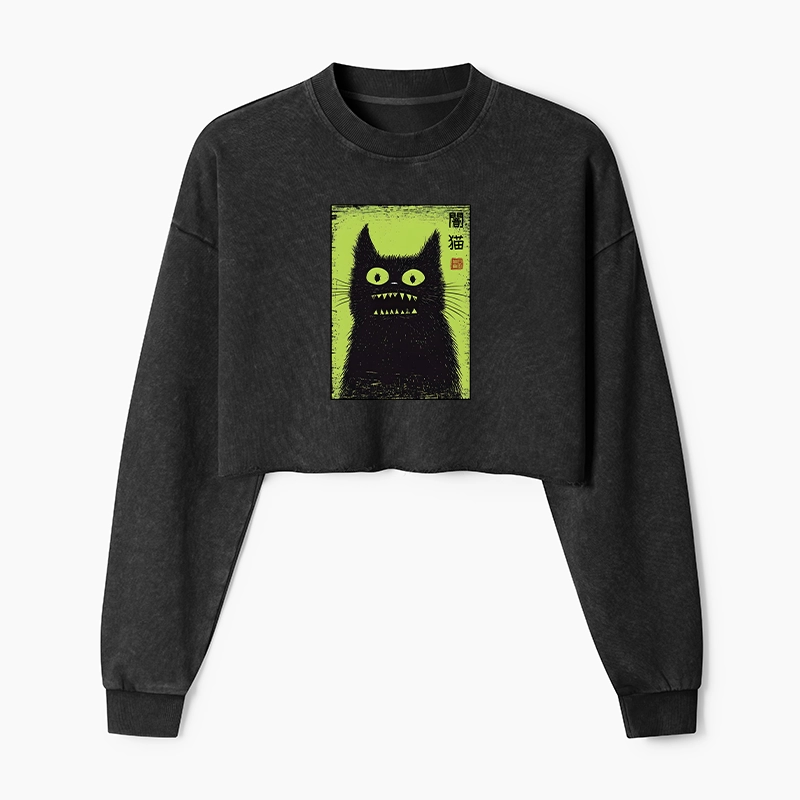Tokyo-Tiger Spooky Black Cat Japanese Washed Crop Sweatshirt
