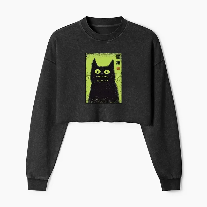 Tokyo-Tiger Spooky Black Cat Japanese Washed Crop Sweatshirt Sale