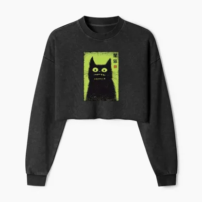 Tokyo-Tiger Spooky Black Cat Japanese Washed Crop Sweatshirt