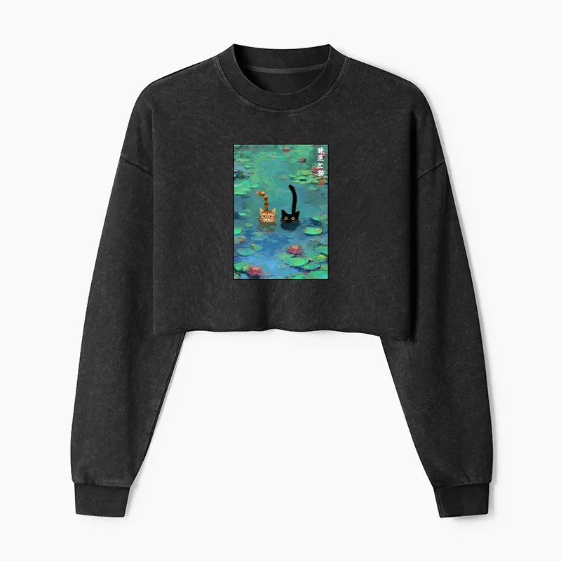 Tokyo-Tiger Funny Cats Swimming In Lilies Washed Crop Sweatshirt