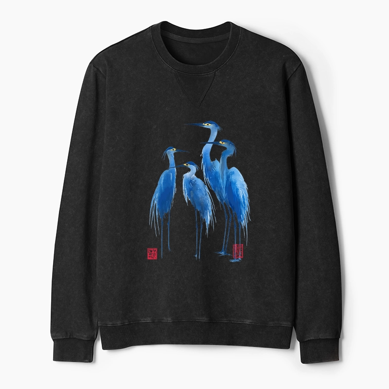 Tokyo-Tiger Flocks Of Great Blue Herons Washed Terry Sweatshirt