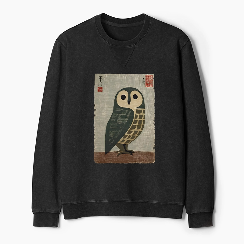 Tokyo-Tiger Traditional Owl In Japanese Art Washed Terry Sweatshirt