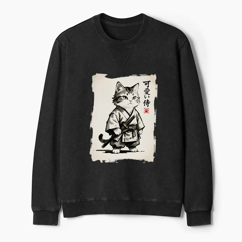 Tokyo-Tiger Japanese Samurai Cat Illustration Washed Terry Sweatshirt