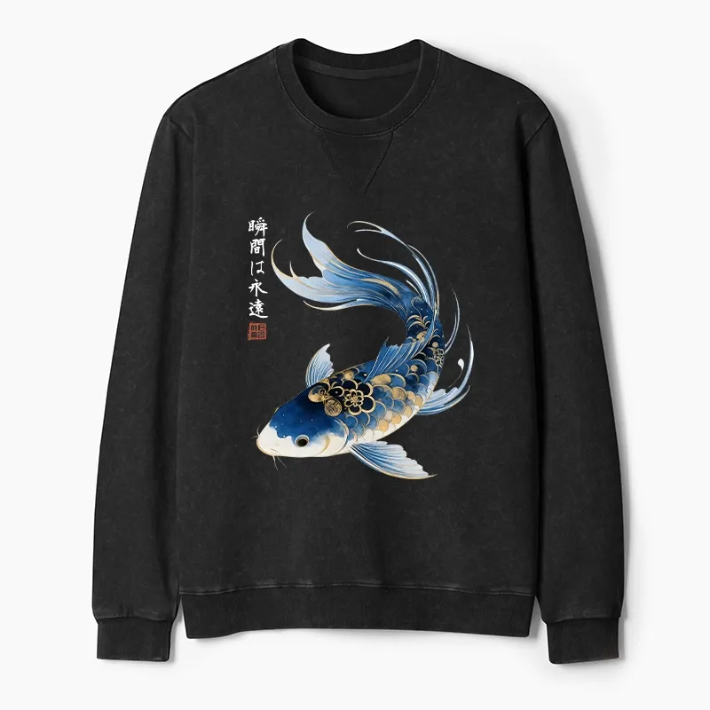 Tokyo-Tiger Elegant Koi Fish Watercolor Art Washed Terry Sweatshirt