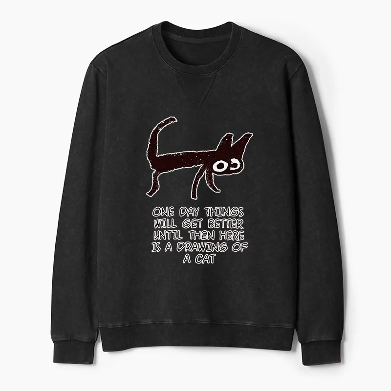 Tokyo-Tiger Cat Cheer Up Drawing Washed Terry Sweatshirt