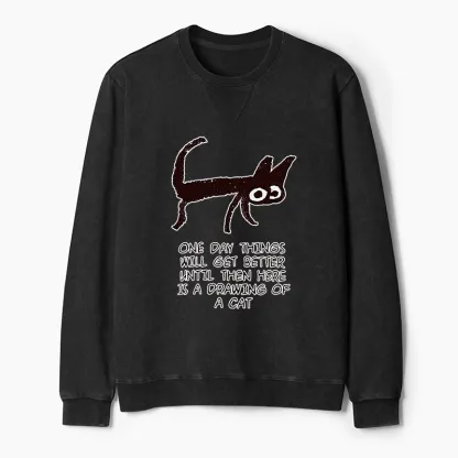 Tokyo-Tiger Cat Cheer Up Drawing Washed Terry Sweatshirt