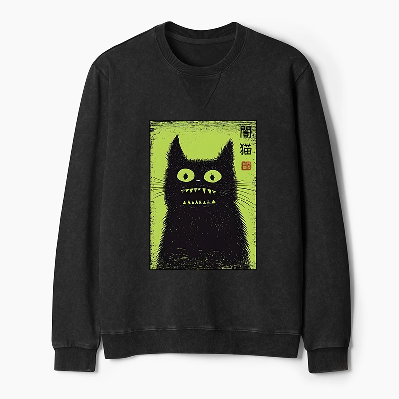 Tokyo-Tiger Spooky Black Cat Japanese Washed Terry Sweatshirt