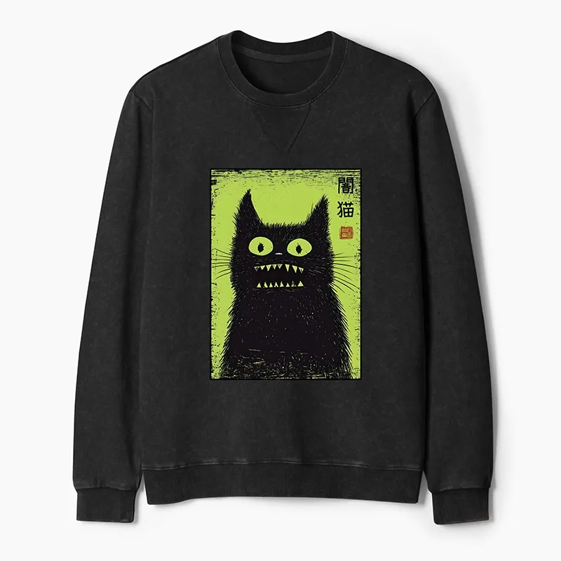 Tokyo-Tiger Spooky Black Cat Japanese Washed Terry Sweatshirt