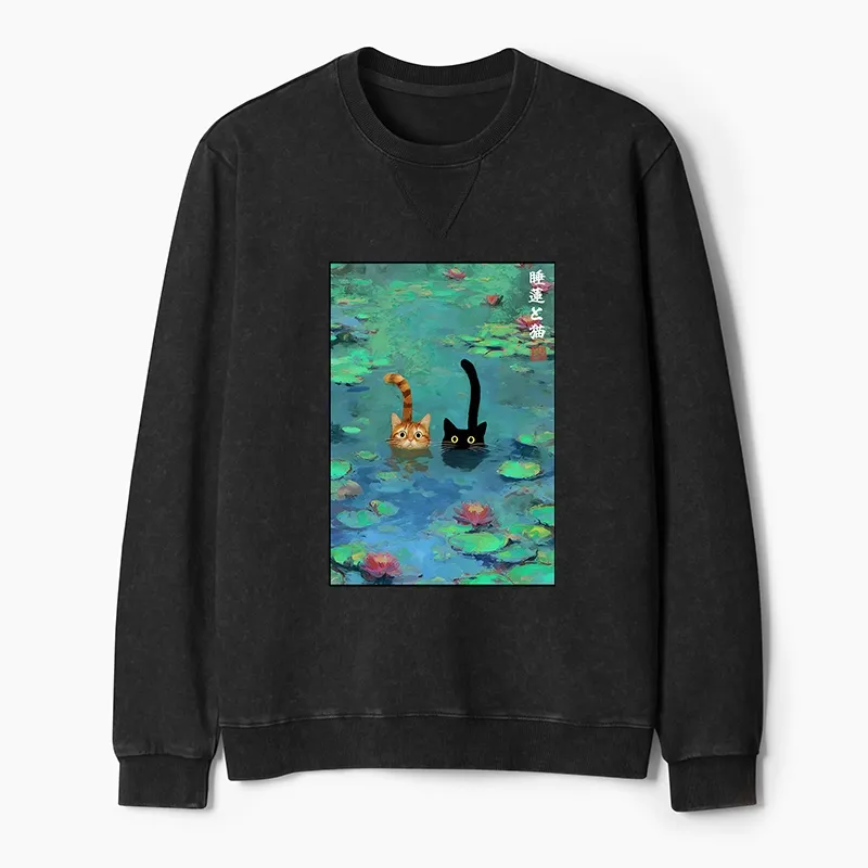 Tokyo-Tiger Funny Cats Swimming In Lilies Washed Terry Sweatshirt