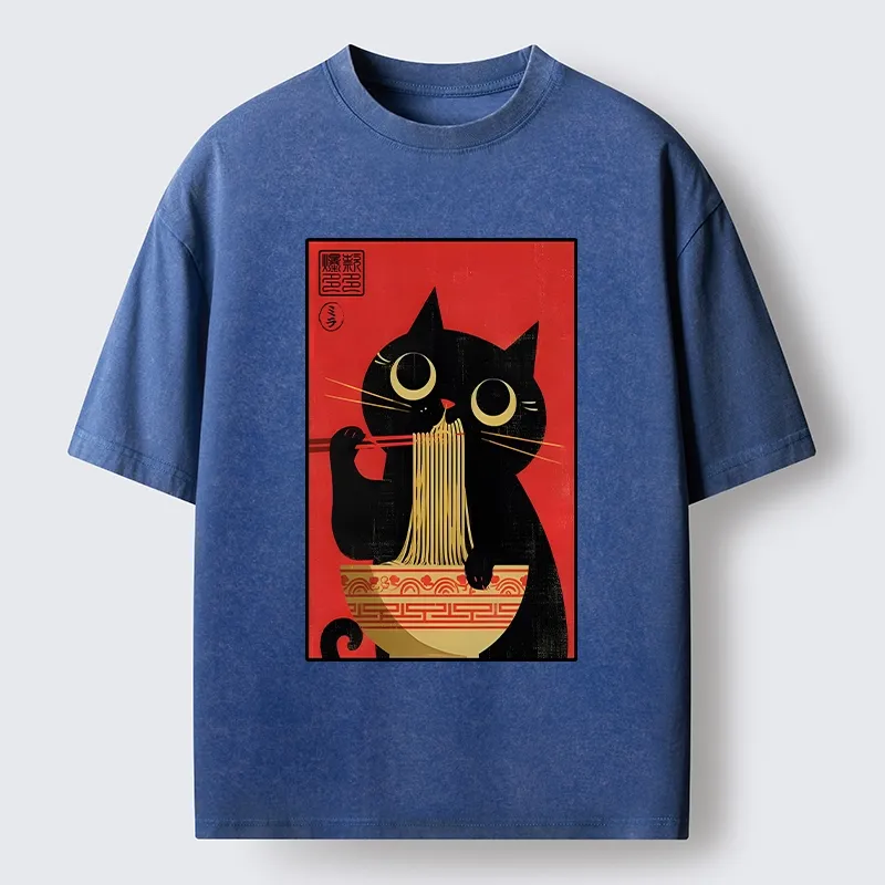 Tokyo-Tiger Cat Eats Ramen Like A Pro Washed T-Shirt