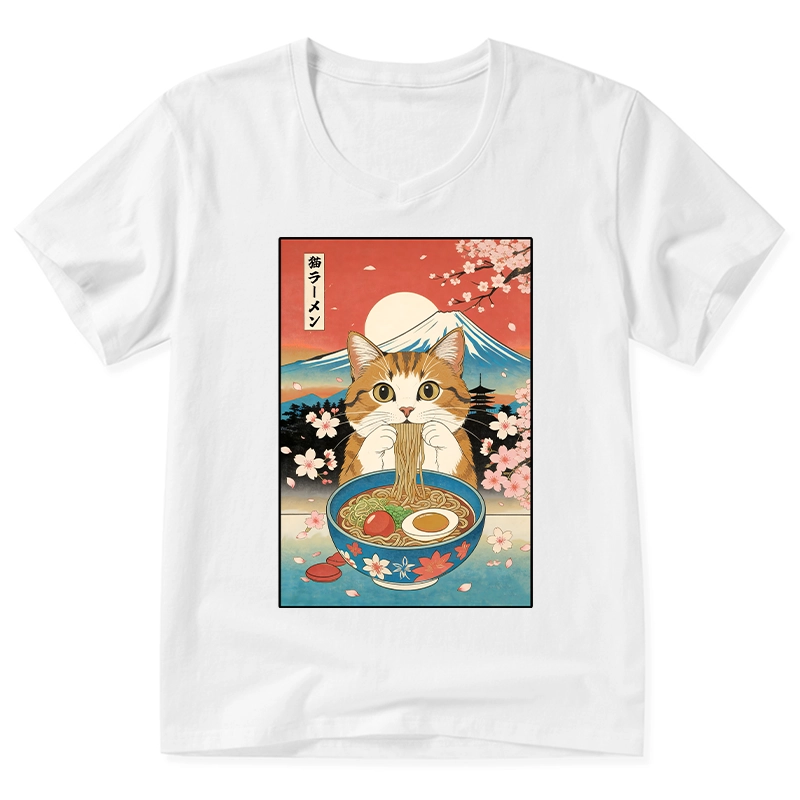 Tokyo-Tiger Funny Orange Cat Eating Ramen Japan V-Neck Classic T-Shirt