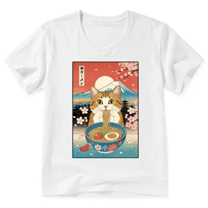 Tokyo-Tiger Funny Orange Cat Eating Ramen Japan V-Neck Classic T-Shirt