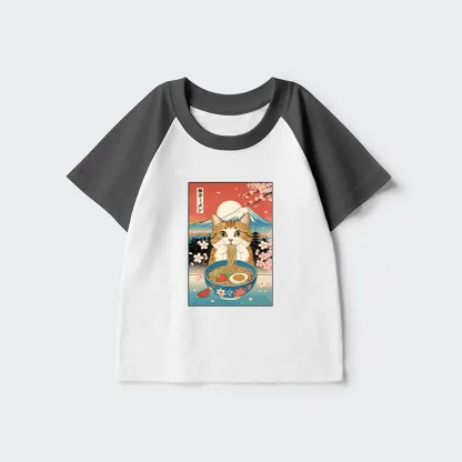 Tokyo-Tiger Funny Orange Cat Eating Ramen Japan Kids Raglan T-shirt