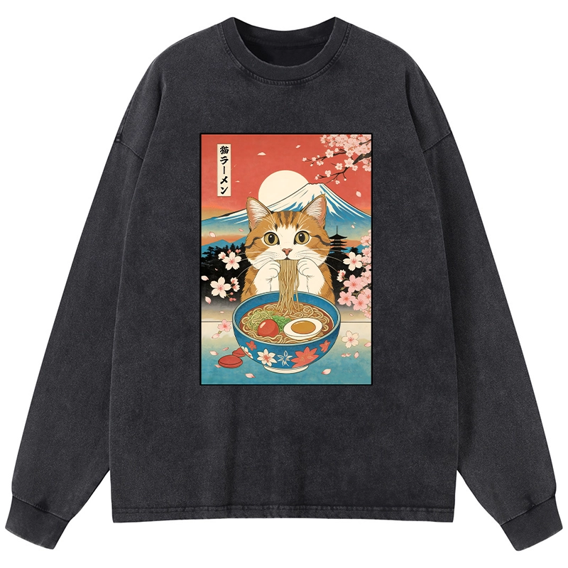 Tokyo-Tiger Funny Orange Cat Eating Ramen Japan Washed Long Sleeve T-Shirt