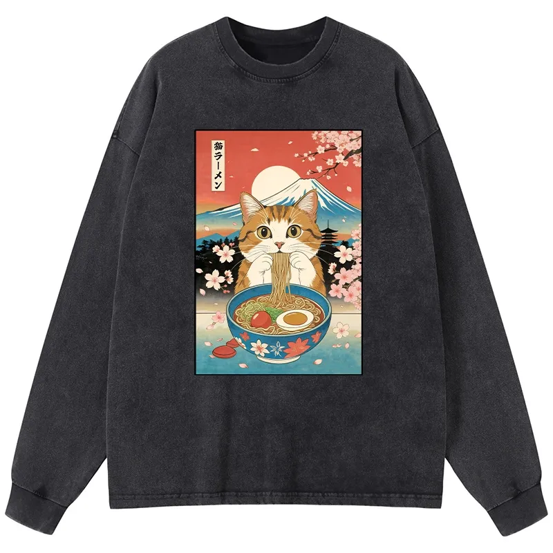 Tokyo-Tiger Funny Orange Cat Eating Ramen Japan Washed Long Sleeve T-Shirt