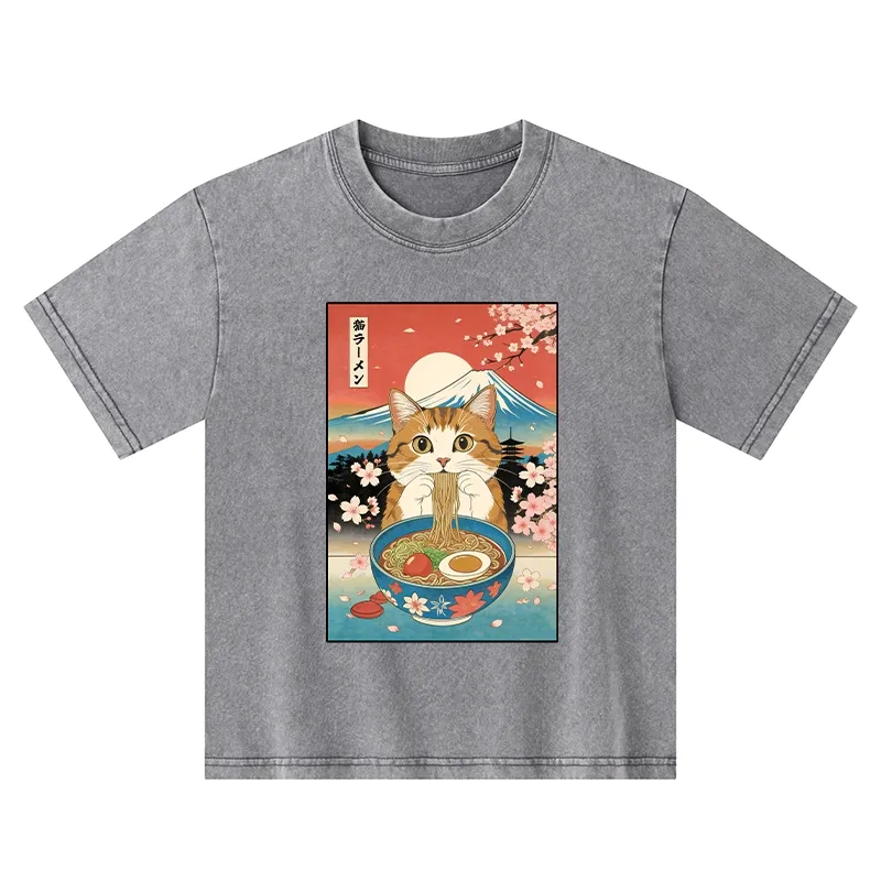 Tokyo-Tiger Funny Orange Cat Eating Ramen Japan Kids Washed T-Shirt