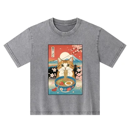 Tokyo-Tiger Funny Orange Cat Eating Ramen Japan Kids Washed T-Shirt
