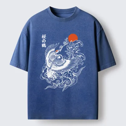Tokyo-Tiger Sakura Crane In Flight Washed T-Shirt