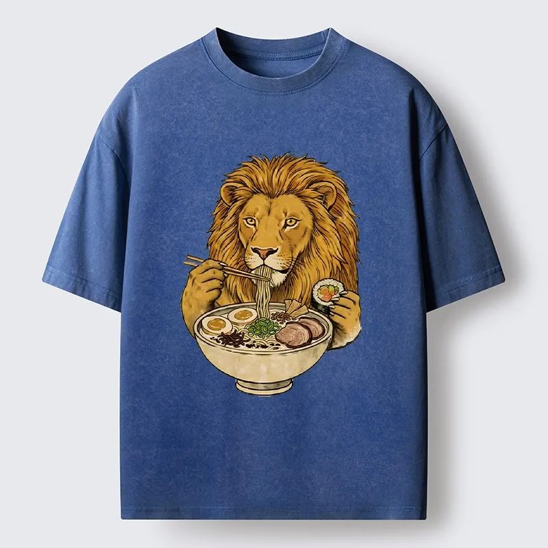 Tokyo-Tiger King Lion Enjoying Ramen Dinner Washed T-Shirt