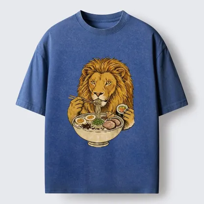 Tokyo-Tiger King Lion Enjoying Ramen Dinner Washed T-Shirt