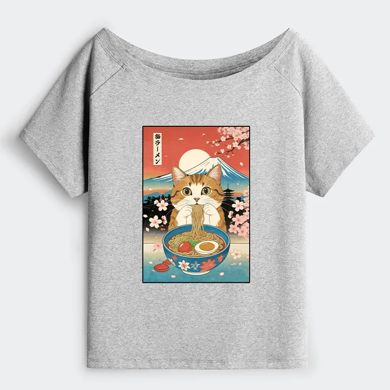 Tokyo-Tiger Funny Orange Cat Eating Ramen Japan Off Shoulder T-Shirt Sale