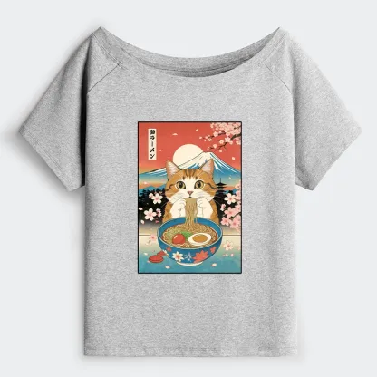 Tokyo-Tiger Funny Orange Cat Eating Ramen Japan Off Shoulder T-Shirt