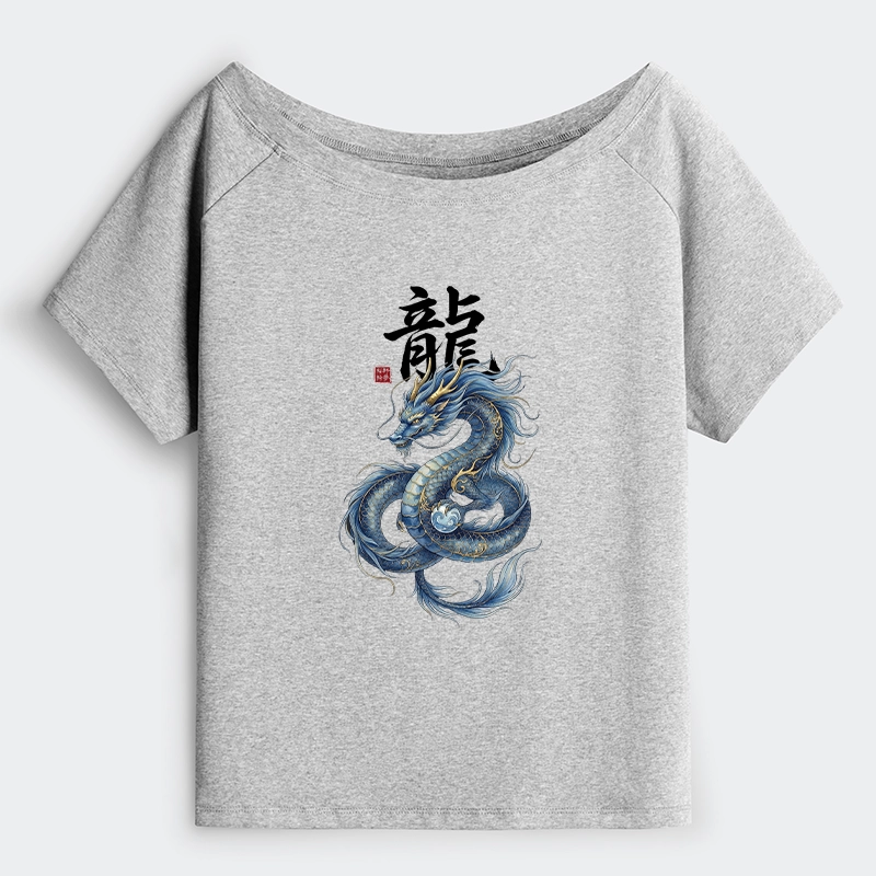 Tokyo-Tiger Mythic Blue Dragon Off Shoulder T-Shirt