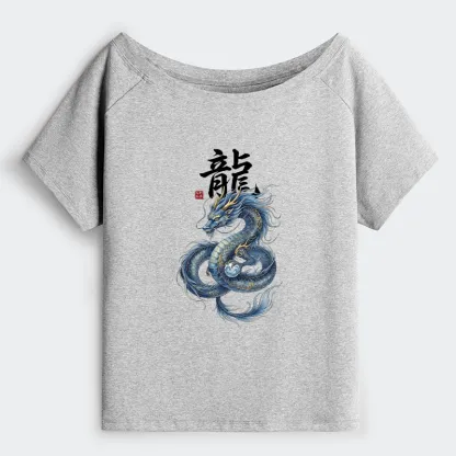 Tokyo-Tiger Mythic Blue Dragon Off Shoulder T-Shirt