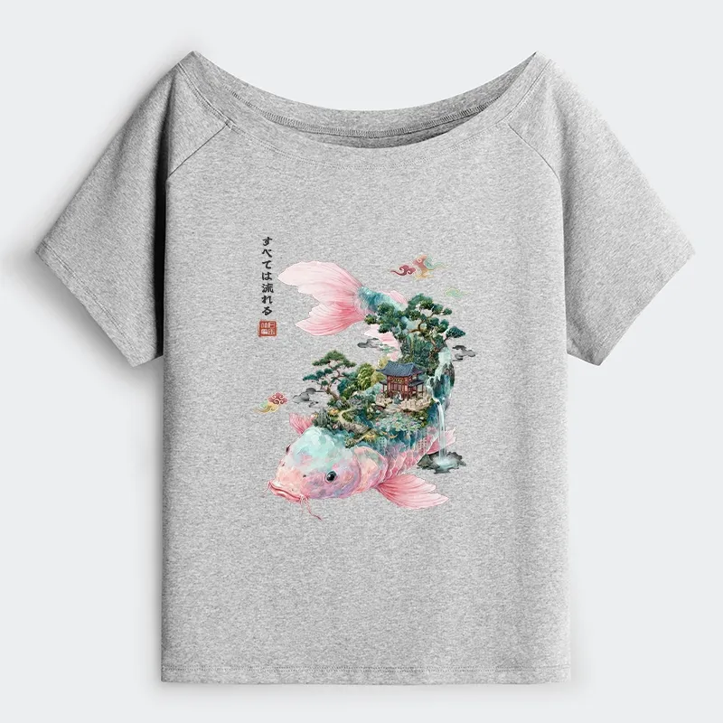 Tokyo-Tiger Journey Of The Flowing Koi Off Shoulder T-Shirt