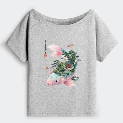 Tokyo-Tiger Journey Of The Flowing Koi Off Shoulder T-Shirt