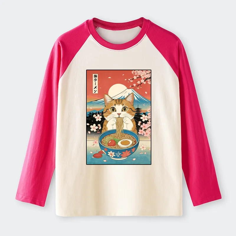 Tokyo-Tiger Funny Orange Cat Eating Ramen Japan Raglan Long Sleeve T-shirt