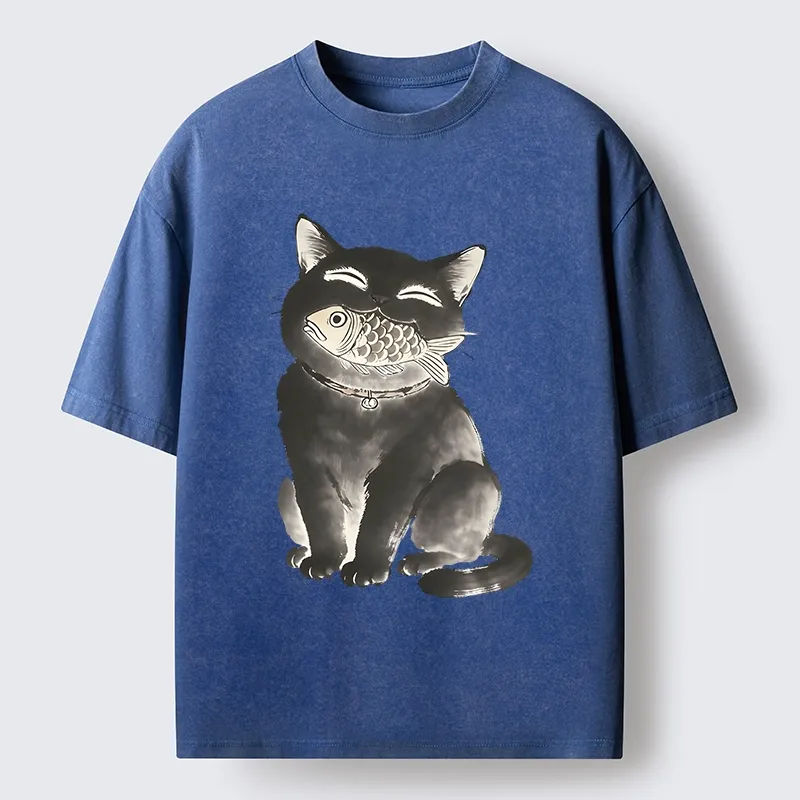 Tokyo-Tiger Black Cat Delightful Feast Washed T-Shirt