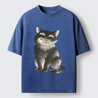Tokyo-Tiger Black Cat Delightful Feast Washed T-Shirt